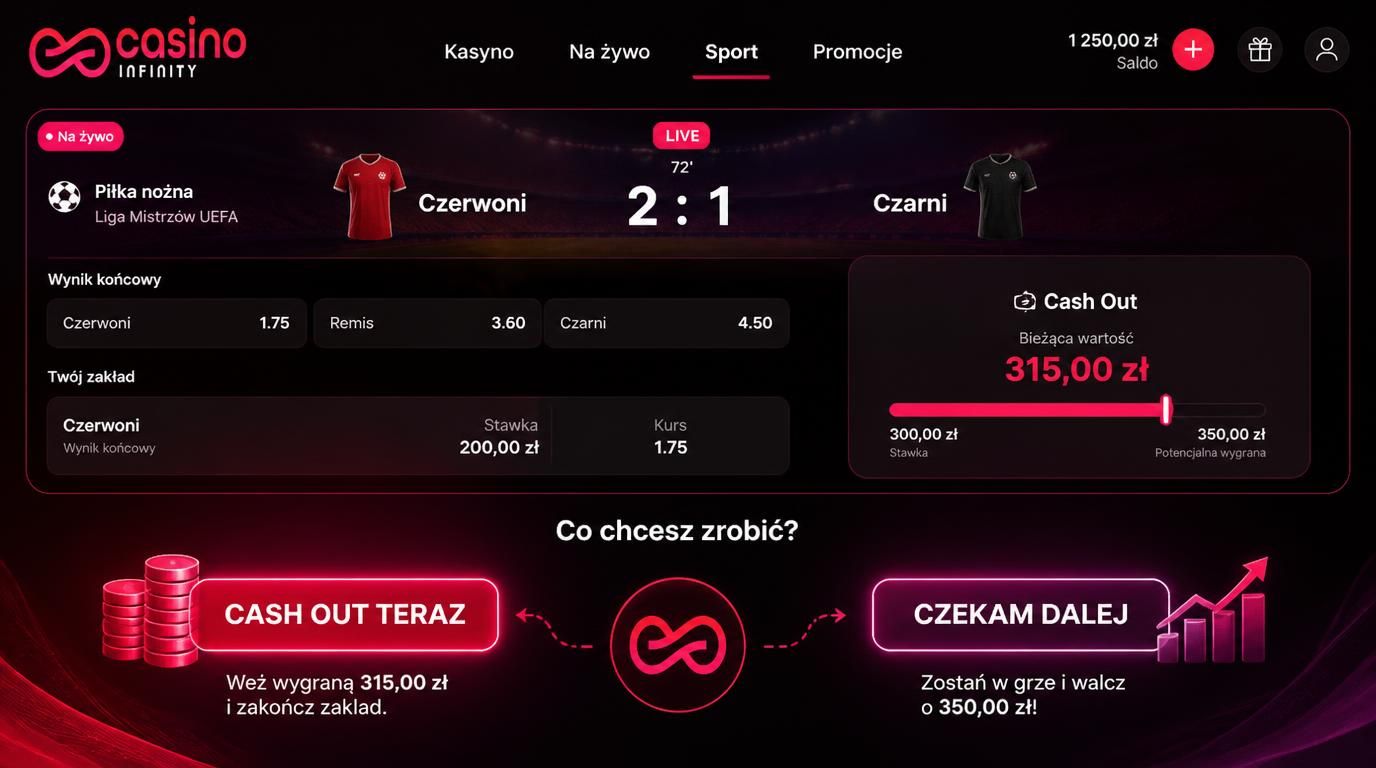 Ekran zakładów sportowych z opcją Cash Out w Casino Infinity z polskim tekstem Cash Out teraz i Czekam dalej