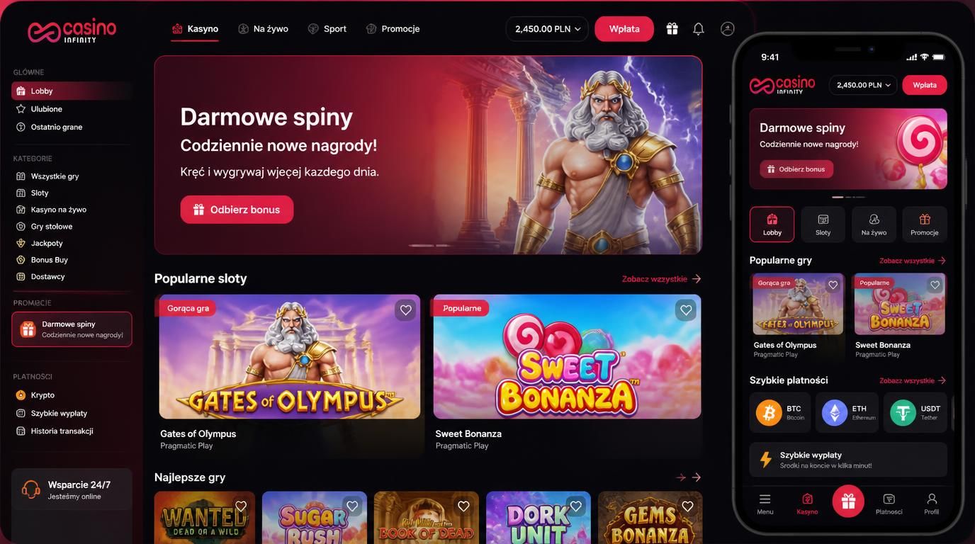Zdjęcie przedstawiające ekran slotów z darmowymi spinami, grafikę gier „Gates of Olympus” i „Sweet Bonanza”, ikony kryptowalut oraz interfejs mobilny