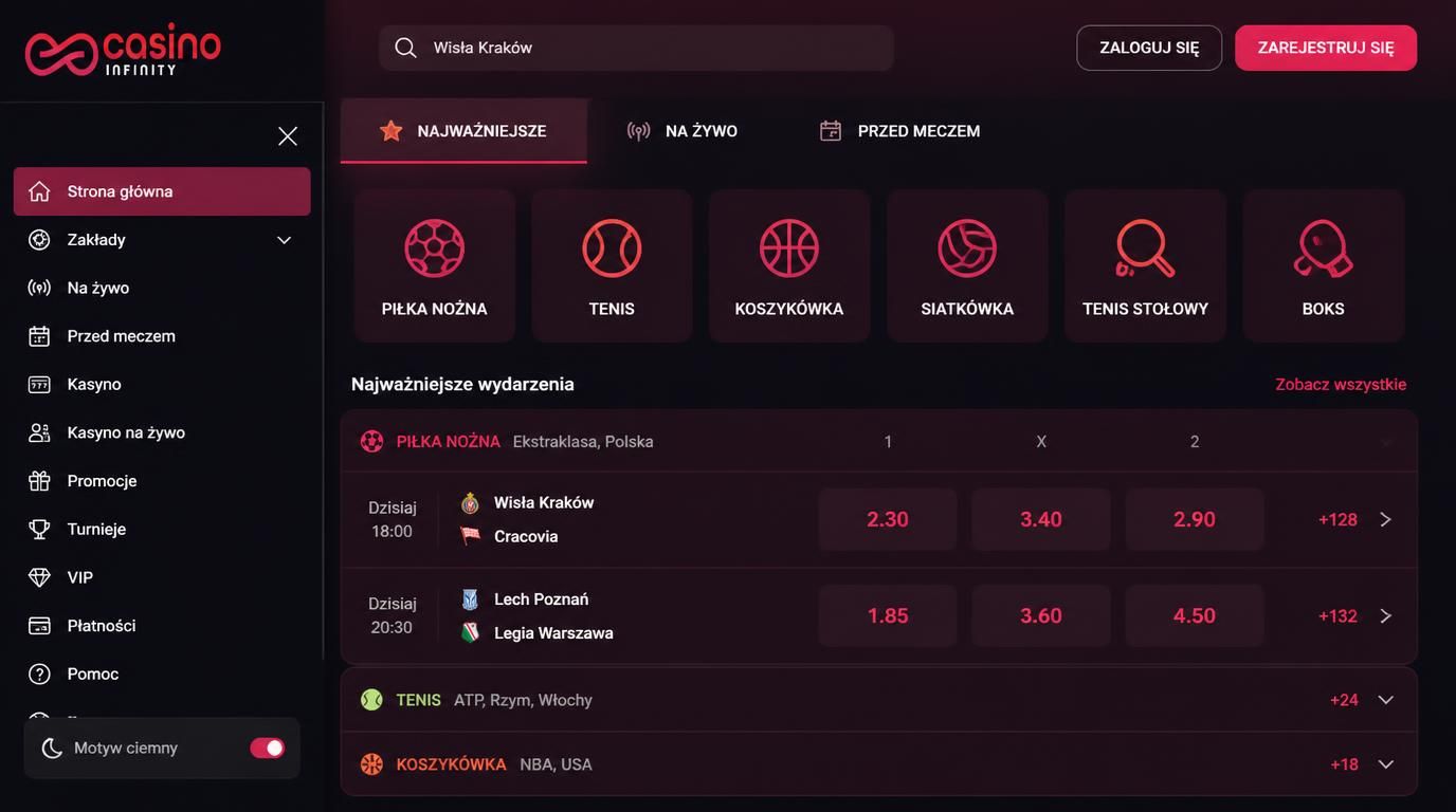 interfejs aplikacji z menu hamburgerowym i pasek wyszukiwania widoczny