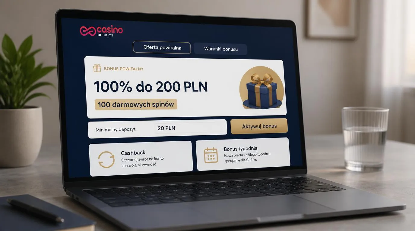 Panel bonusu powitalnego z ofertą 100% do 200 PLN, 100 darmowymi spinami i minimalnym depozytem 20 PLN