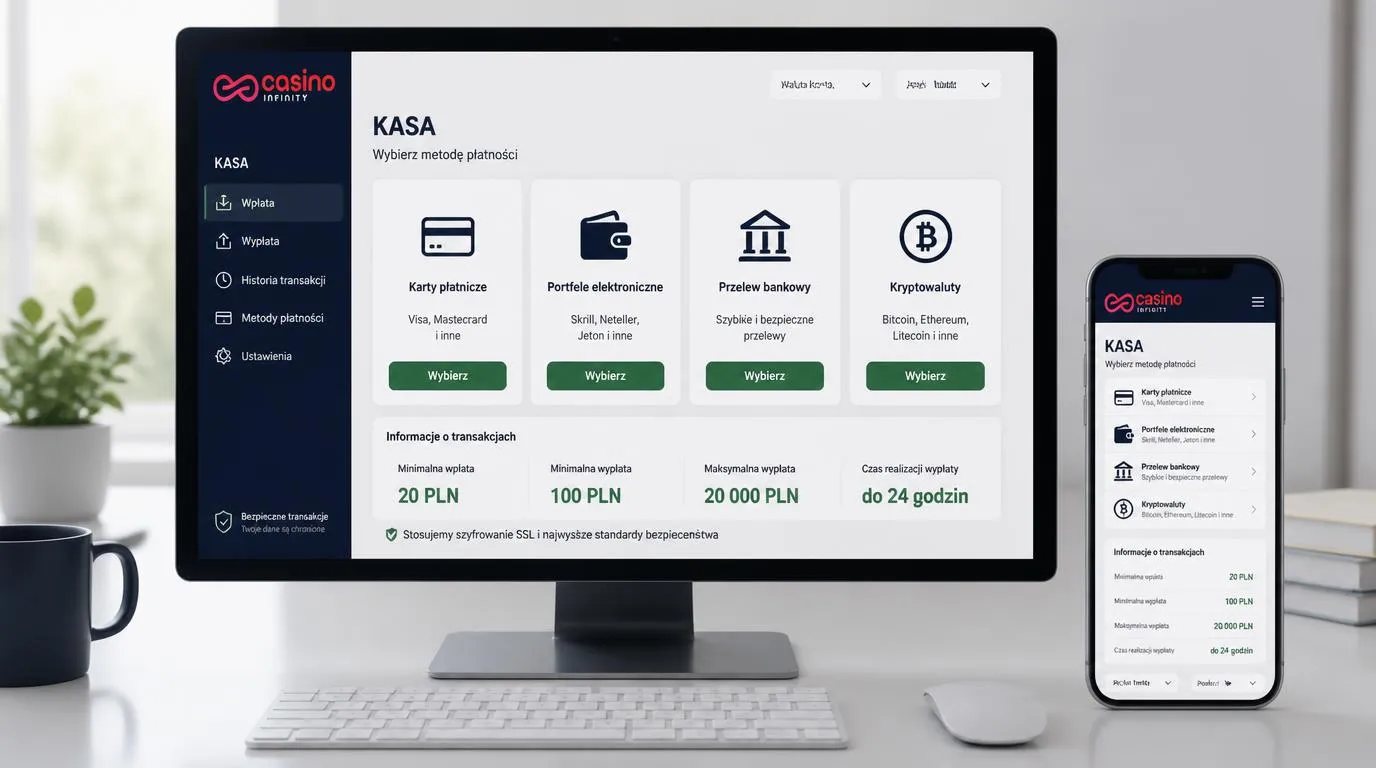 Panel kasy z wyborem kart, portfeli i kryptowalut oraz ustawieniami języka polskiego i waluty PLN