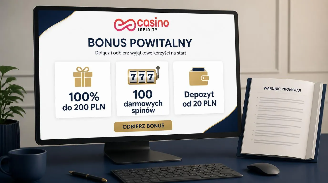 Panel oferty powitalnej z bonusem 100% do 200 PLN, 100 darmowymi spinami i ikoną czatu dostępnego całą dobę